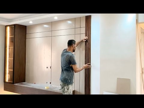 Modern TV Wall Unit Installation with LED Lights & Stylish Wood Panels | Luxury Interior Build!"