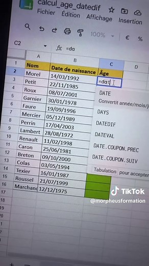 Tu veux calculer automatiquement un âge à partir d’une date de naissance dans Excel ? Dans ce tutoriel, découvre la fonction DATEDIF(), une formule méconnue mais extrêmement pratique pour calculer l’âge exact d’une personne en quelques secondes. Cette méthode est idéale pour : * les fichiers RH ; * les listes de clients ; * les bases de données ; * les formulaires d’inscription ; * les tableaux de suivi. Tu apprendras à calculer l’âge en années à partir d’une date de naissance et de la date du j