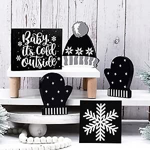 5 Pcs Winter Table Decor Snowflake Baby Its Cold Outside Wooden Signs Gloves Hat Table Top Blocks Rustic Tiered Tray Centerpieces Black White Winter Decor for Home Office Desk