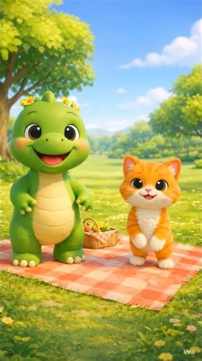 Cute Dinosaur & Kitty Picnic Fun in the Sunny Park 🦖🐱🌼#trending #shorts