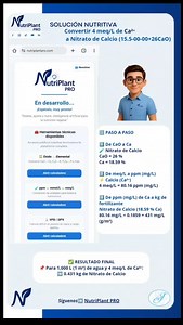 Calculemos de meq por litro a kilos de fertilizante @nutriplantpro | nutriplantpro.com 🧮 Usando las herramientas disponibles en NutriPlant PRO Conversión técnica: ➡️ Óxido ↔ Elemental ➡️ ppm ↔ mmol/L ↔ meq/L 🌱 Ejercicios prácticos enfocados en formulación real de soluciones nutritivas. Con NutriPlant PRO diseñarás programas completos de nutrición vegetal: fertilización granular, fertirriego, soluciones nutritivas y enmiendas, integrando la interpretación de análisis de suelo, agua, foliar, sol