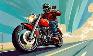2D cartoon illustration of a man riding a charming motorcycle