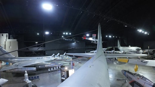 Check out this drone flight near the antenna of the B-36! Powered by six Pratt & Whitney R-4360 engines, the B-36J cruised at 230 mph, but for additional bursts of speed its four General Electric J47s increased the maximum speed to 435 mph. It carried 86,000 pounds of nuclear or conventional bombs. When production ended in August 1954, more than 380 B-36s had been built for the U.S. Air Force. In 1958-1959, the USAF replaced the B-36 with the all-jet B-52. Although never used in combat, the B-36