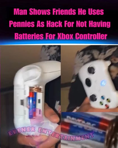 Evener Entertainment on Instagram: "A video went viral on showing a man demonstrating a penny hack to power an Xbox controller when he didn't have standard double-A batteries or a battery pack. The video shows a method primarily used for Xbox 360 and Xbox One controllers where the user lacks the official battery pack or cover: A related version of this "MacGyver'd" hack involves using AAA batteries instead of AA by filling the extra space with rolled-up aluminum foil or coins to bridge the conne
