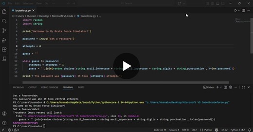 Today I created a Brute Force Simulator on Visual Studio Code using Python. The code contains input, output, loops f-function and more. This project showed me how important it is to protect yourself… | Husnain Rumi
