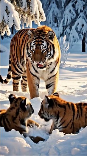 Mother Tiger Protects Her Cubs in the Frozen Forest