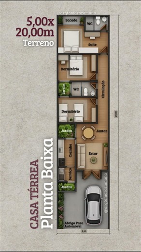 Planta Baixa | Terreno 5x20 | 3 Quartos | Inspiração Casa