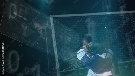 Animation of data processing and binary coding over african american goalkeeper on football pitch