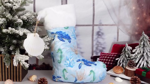 18 in Large Coastal Christmas Stocking Teal Beach Plush Christmas Stocking with Real Shell Sea Turtle Ocean Nautical Xmas Hanging Decor Gifts for Hawaiian Party Holiday Xmas Tree Fireplace