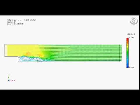 LES 乱流モデルによる流体解析の結果：流速ベクトル表示 0 sec - 100 sec