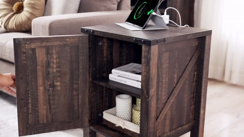 OKD End Table with Charging Station, Farmhouse Rustic Wood Side Table for Living Room, Bedroom, Dark Rustic Oak