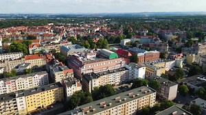 Legnica, Poland Medieval architecture of ancient Polish city from above, houses of Europe along street temple infrastructure