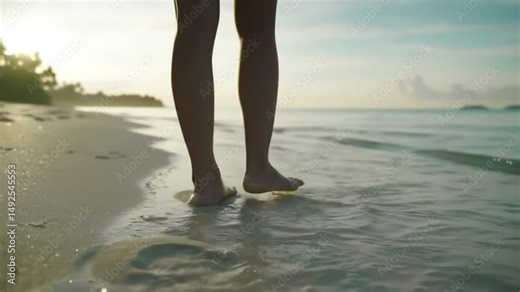 Barefoot Beach Walk: Woman's Legs Strolling Along Tropical Shoreline at Sunset