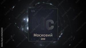 Moscovium as Element 115 of the Periodic Table. Seamlessly looping 3D animation on silver illuminated atom design background orbiting electrons name, atomic weight element number in russian language Stock Video