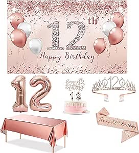 12th Birthday Decorations Party Set for girls, Rose Gold 12 Birthday Banner and Tablecloth, 12& Fabulous Sash and Tiara, 1PC Happy 12th Birthday Cake Topper, Pink Gold 12 Number Balloons