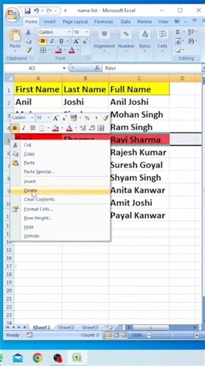 Excel में Row को Delete करने की Shortcut Key कौन सी है?Row को Delete करने के 2 Shortcut तरीके सीखें