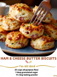 16K views · 131 reactions | Ham  & Cheese Butter Biscuits 肋杻 Fluffy, buttery biscuits loaded with savory ham and melty cheddar—perfect for breakfast or brunch! Ingredients: 2½ cups all-purpose flour 1 tbsp granulated sugar  | Comfort Food Recipes | Facebook