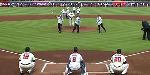 Greg Maddux, Tom Glavine and John Smoltz threw out the final first pitches at Turner Field