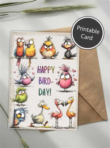 Funny Bird Birthday Card Printable, Happy Bird-day Card, Cute Birds Card, Watercolor Birthday Card, Instant Download, DIY Greeting Card - Etsy