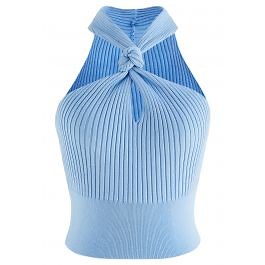 Knot Halter Neck Knit Crop Top in Blue