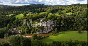 The Chateau de Walzin, the Castle of Walzin in Belgium. Neo Gothic castle at the bank of the river Lesse. Stock Video