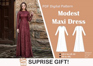 Modest Maxi Dress Sewing Pattern: Elegant Long Sleeve Gown (US 2-30) (PDF Download) - Etsy