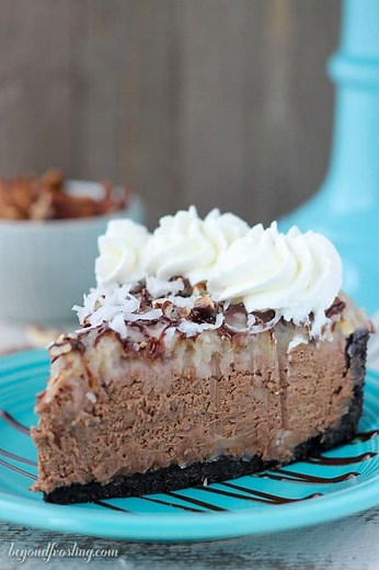 This No-Bake German Chocolate Cheesecake is a triple chocolate cheesecake with a stovetop coconut pecan frosting. GET THE RECIPE ➡️ https://beyondfrosting.com/no-bake-german-chocolate-cheesecake/ | Beyond Frosting