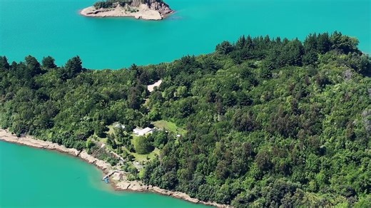 Colbun Lake shows green land and water in Chile during the day