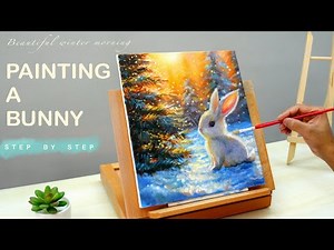 Painting a Cute Bunny in a Winter Morning / Acrylic Painting for Beginners / STEP BY STEP Tutorial