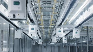 Automated Material Handling System inside Cleanroom on Advanced Semiconductor Factory. Transfer Pods are Moving along Rails.