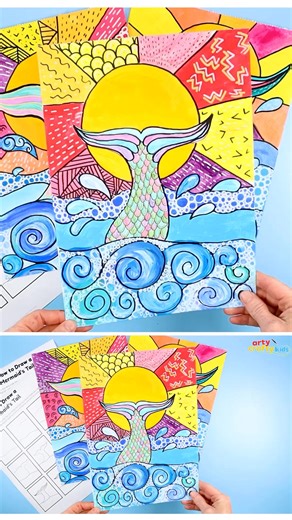 Flow drawing, color theory, and creativity all wrapped into one beautiful mermaid tail project! A gentle, open-ended activity perfect for summer learning 🌞 #kidsart #artlessons #howtodraw #kidsdrawing | Arty Crafty Kids