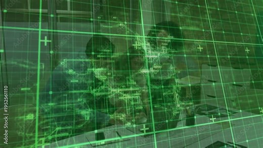 3 team writing, reading papers, one picking phone and starting biz review under shifting green grid