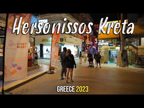 Hersonissos Crete, walking tour in 4k, nightlife of Hersonissos, Kreta, Greece 2023