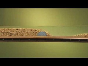 River Geomorphology (38) - Flume - flow over low head dam, wide shot, with sediment