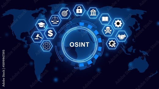 OSINT Open Source Intelligence Hexagonal Infographic with digital world map. OSINT data analysis.