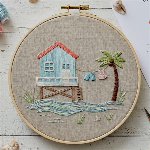 Coastal Stilt House Embroidery Pattern, Beach House Hoop Art (PDF) - Etsy