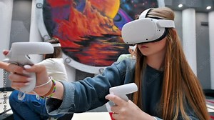 Group of three teens with VR headset and controllers playing games in a team on a VR arena, sitting and aiming. Slow motion