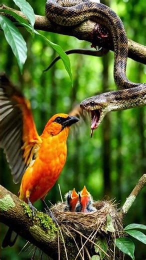 Fierce Encounter: Snake Attacks Nest, Bird Fights Back 🐦🐍🔥