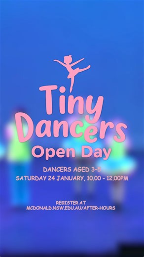 TINY DANCERS OPEN DAY (AGES 3 - 5) SATURDAY, 24 January from 10am-12.00pm. Join us for a free Tiny Dancers class. Explore our programs, meet the teachers, and get a feel for our studios in a relaxed setting. Register here: https://www.mcdonald.nsw.edu.au/afterhours/tiny-dancers-open-day-saturday-24-january/ Score credit: Funny Children by MokkaMusic . . . #TinyDancers #OpenDay #FreeDanceClass #DanceWithUs #MiniMovers #DanceFun #PreschoolDance #DanceStudioLove #MeetTheTeachers #FamilyFriendlyEven