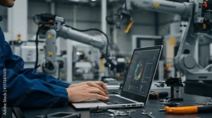Ai powered robotics automation engineer working on laptop in factory for manufacturing industry