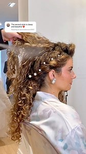 FAUX BRAID side swept curly hairstyle (that’s perfectly bridal!!) With curly hair, the hair starts down with look one and can be pinned up for a second look, never the other way around 🤣 But as an elegant down-do that shows off the curls pearls, this is a great style to do that is easy and WON’T give you a hairpin headache (the WORST!) Are you loving these tutorials?! Let me know and we’ll keep them coming! T-minus 2 months until the wedding!!😍 | Manes By Mell