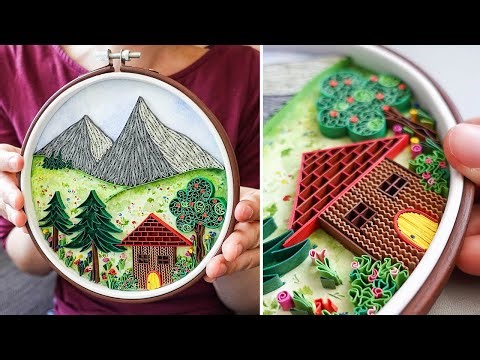 🏠⛰️ DIY Paper Quilling Landscape Art inside Embroidery Hoop - House in the Mountains
