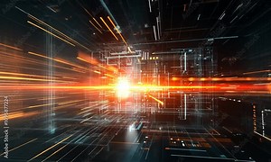 Abstract futuristic background with dynamic light trails and glowing particles creating a sense of depth and motion in a digital space environment.