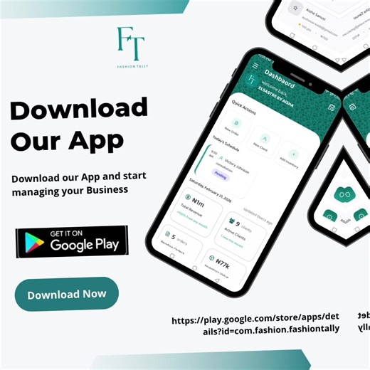 We bring you good news! 🎉 Fashion Tally is now officially live on Google Play Store! To celebrate our launch, we have a goal: 200 DOWNLOADS IN 3 DDAYS Fashion Tally is built to help: ✔ Fashion Entrepreneurs and Designers ✔ Tailors ✔ Ready-to-Wear Brands ✔ Fabric & Notions Sellers Manage clients, track orders, monitor inventory, record payments, and run their fashion business professionally , all in one place. If you believe African fashion entrepreneurs deserve smarter tools, this is your momen