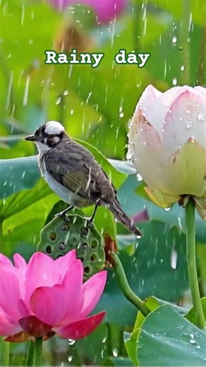 A small beautiful bird enjoys rain