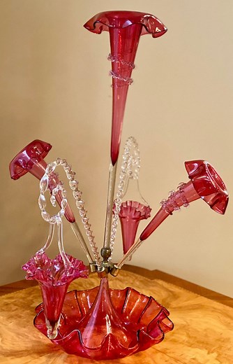 Antique Victorian Cranberry Glass Epergne, 3 Trumpets and 2 Hanging Baskets - Etsy