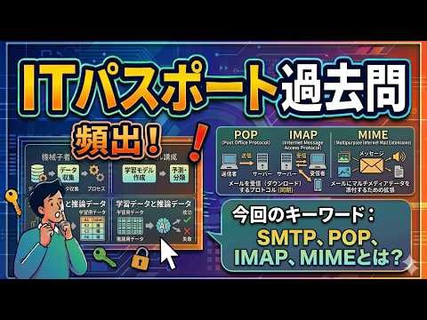 【第102回】ITパスポート過去問 動画で簡単理解！｜SMTP、POP、IMAP、MIMEとは ？「CC」と「BCC」の落とし穴とは？ メールの隠れたルール：プロトコルからプライバシーまで