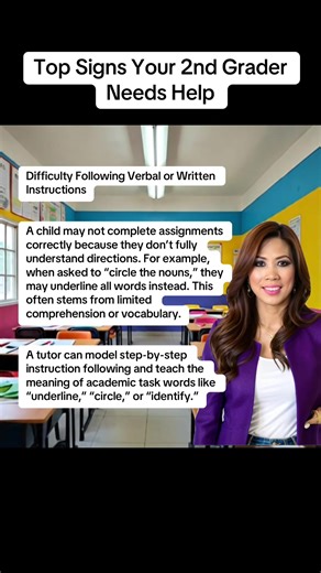 #learnontiktok #teacher #fyp #learning #success The 6th Sign Difficulty Following Verbal or Written Instructions A child may not complete assignments correctly because they don’t fully understand directions. For example, when asked to “circle the nouns,” they may underline all words instead. This often stems from limited comprehension or vocabulary. A tutor can model step-by-step instruction following and teach the meaning of academic task words like “underline,” “circle,” or “identify.”
