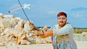 1.2M views · 997 reactions | Dan demonstrates how it's always handy to have a #samuraisword nearby if someone is shooting at you with a bow and arrow. As Gav fires a bolt in Dan's direction, he gracefully deflects it with the sword. #slowmo | The Slow Mo Guys | Facebook