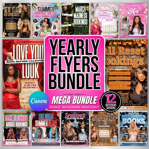 12 Monthly Flyer Bundle, Yearly Booking Flyers, 12 Months Booking Flyers, Yearly Hair Lashes Nails MUA Flyer Bundle, Canva Template - Etsy